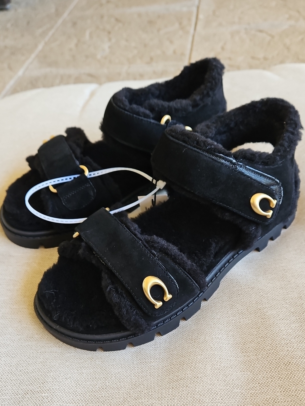 Coach Brynn Sporty Sandal Black Suede Sherling Fur Lined Lug Sole Double Strap - Picture 2 of 9